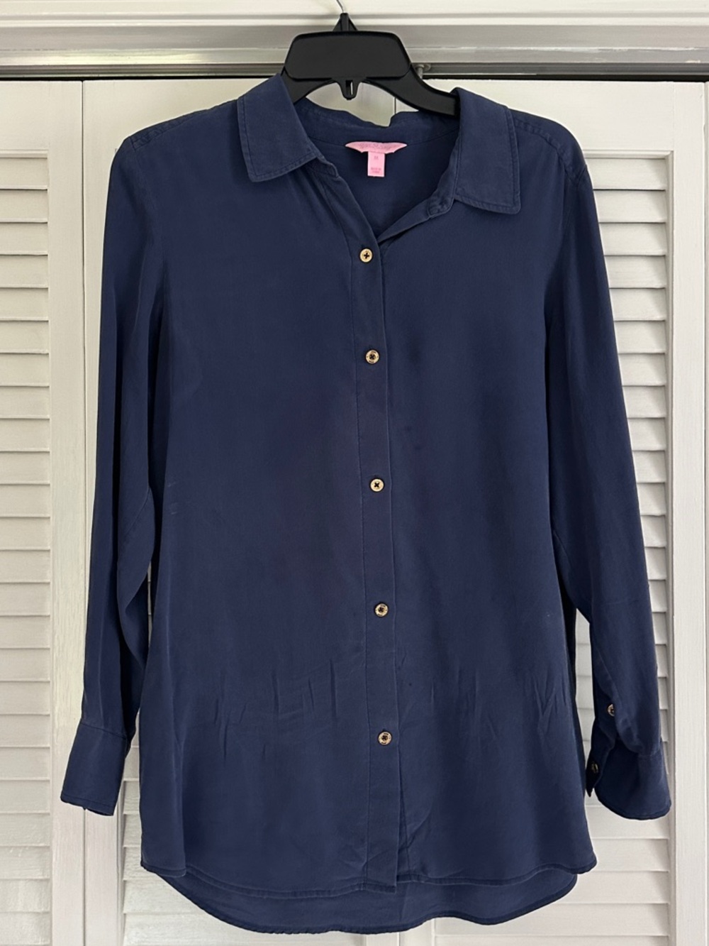 Lilly Pulitzer navy long sleep silk blouse M
